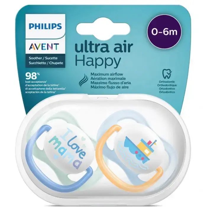 AVENT 2 SUCETTES ULTRA AIR HAPPY 0-6M BOY/MAM/BOAT