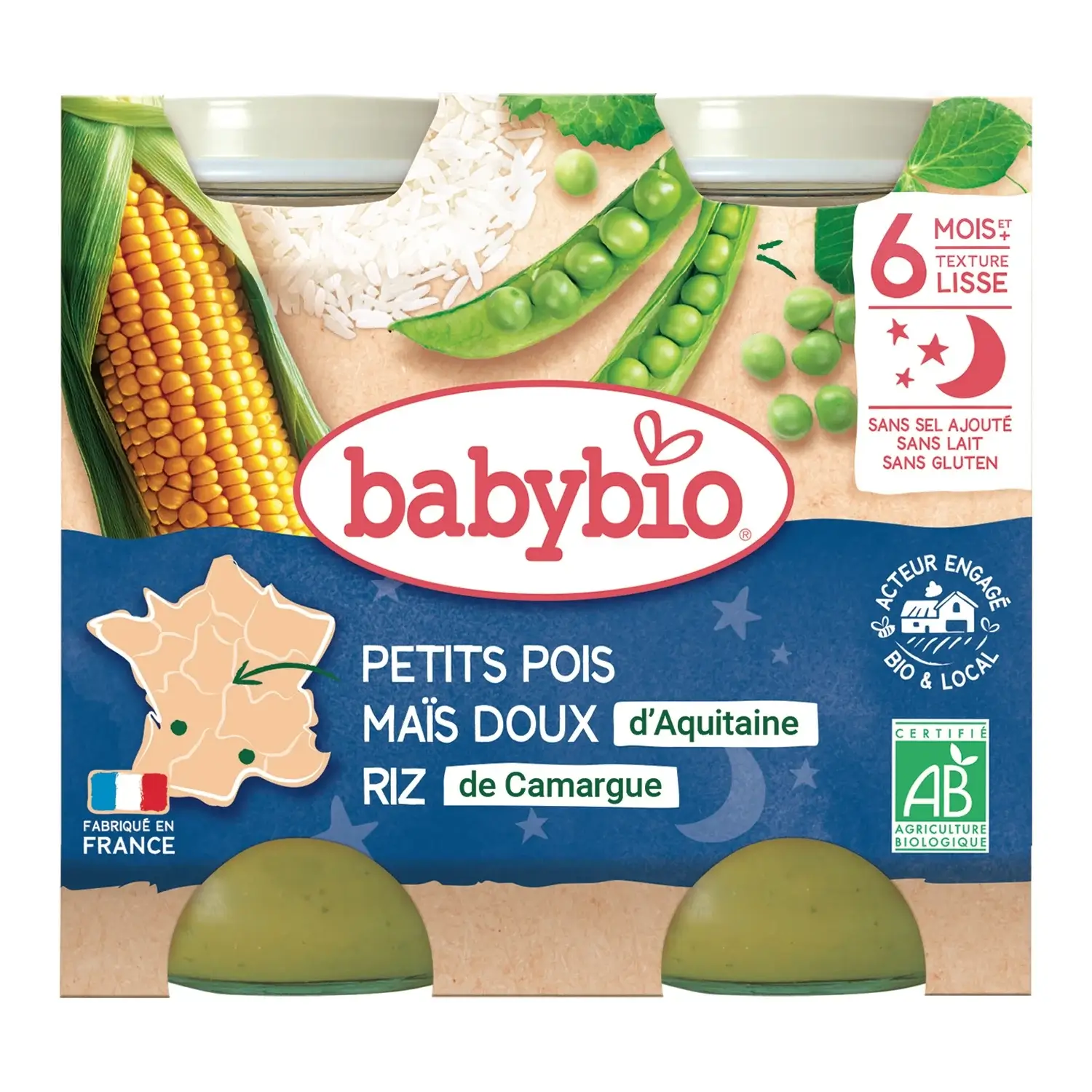 Babybio Petit pot bébé dès 6 mois, petits pois maïs riz 2*200g