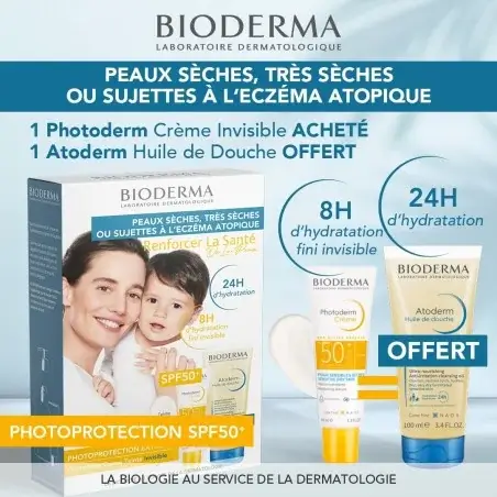 BIODERMA PHOTODERM CREME SPF50+ INVISIBLE 40ML+ ATODERM HUILE DOUCHE 100ML OFFERT