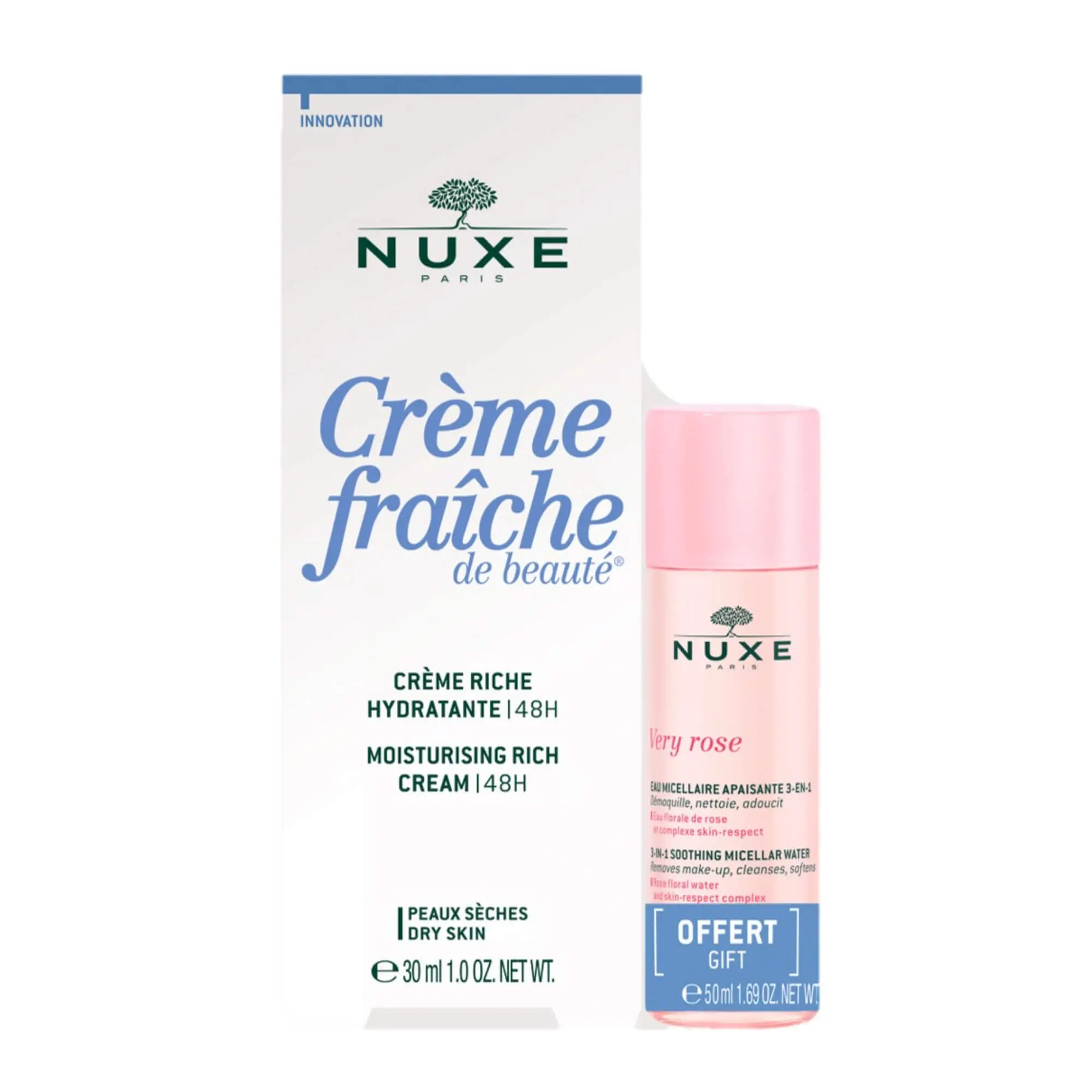 NUXE  Creme Riche Hydratante 48h Peaux Seches A Tres Seches 30ml + Very Rose Micellar Water 50ml Creme